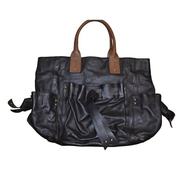DKNY Large Black/Brown Leather Tote Bag W/Side Pockets/Adjustable Straps- LT3099 - Picture 1 of 12